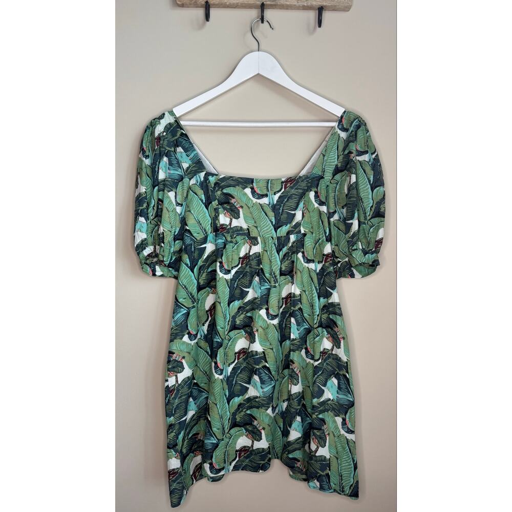 Mary Marshmallow Tropical Leaf Print Puff Sleeve Dress sz M